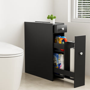 Bathroom Storage Cabinet | Toilet Slim Tissue Box Caddy Holder | Wooden | Black
