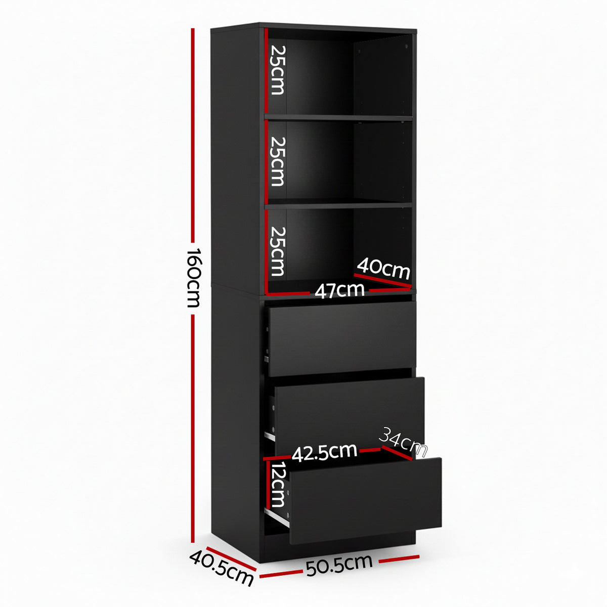 Tallboy Chest of Drawers | 3 Drawer Cabinet | Black