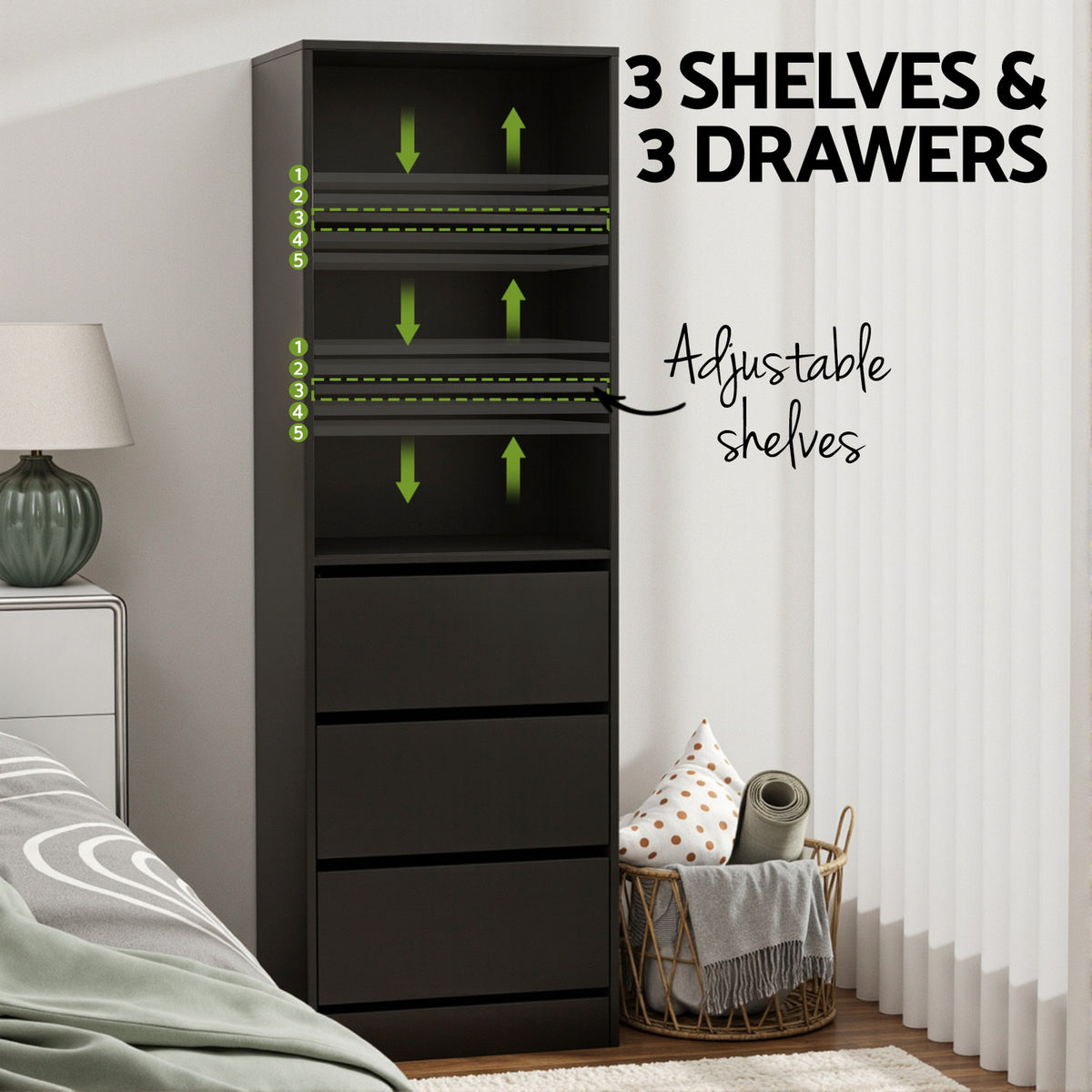 Tallboy Chest of Drawers | 3 Drawer Cabinet | Black
