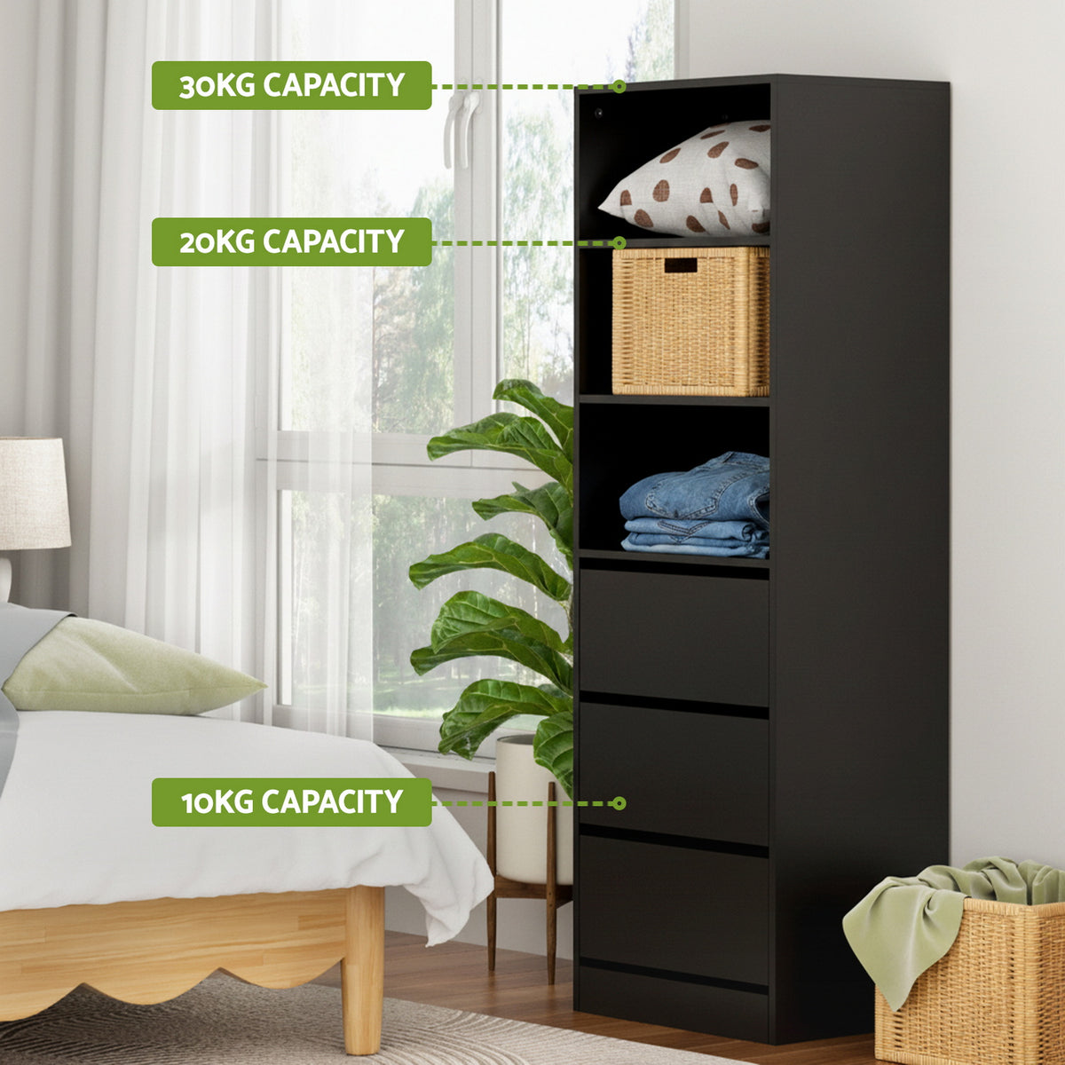 Tallboy Chest of Drawers | 3 Drawer Cabinet | Black