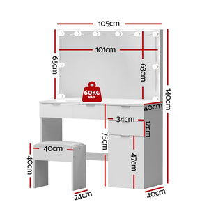 Artiss Dressing Table Set | With Stool | 10 LED Bulbs | White