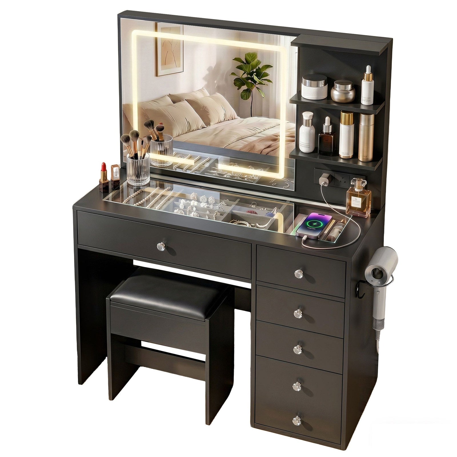 LED Dressing Table Set | Vanity Desk & Stool | Black
