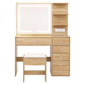 Vanity Desk Set | LED Mirror Table + Stool | Wood Finish