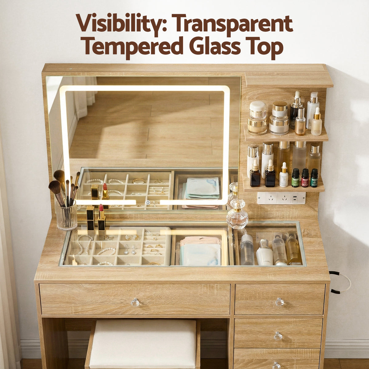 Vanity Desk Set | LED Mirror Table + Stool | Wood Finish