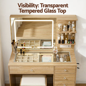 Vanity Desk Set | LED Mirror Table + Stool | Wood Finish