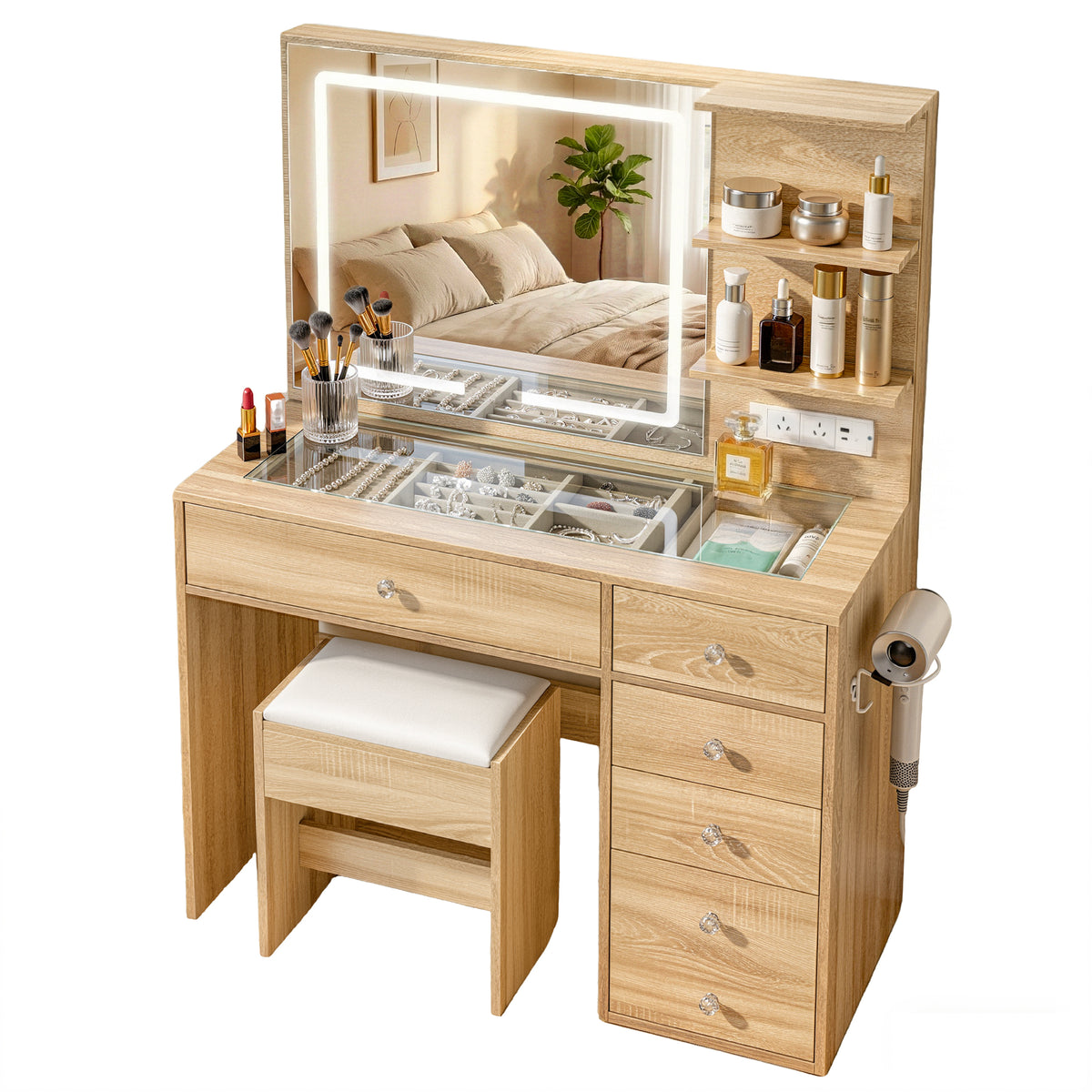 Vanity Desk Set | LED Mirror Table + Stool | Wood Finish