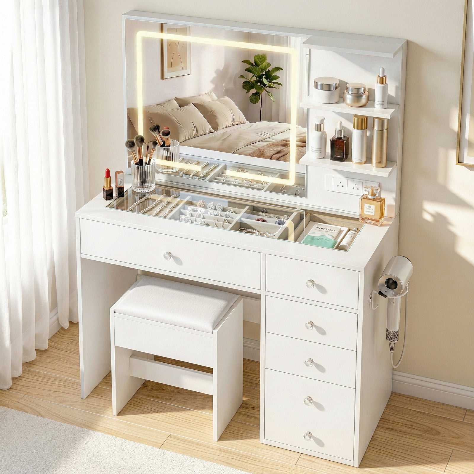 LED Vanity Set | Dressing Table + Stool | White Finish