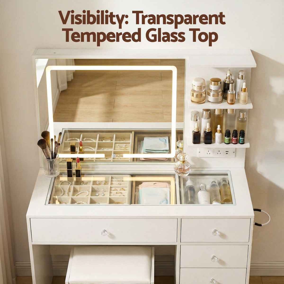 LED Vanity Set | Dressing Table + Stool | White Finish