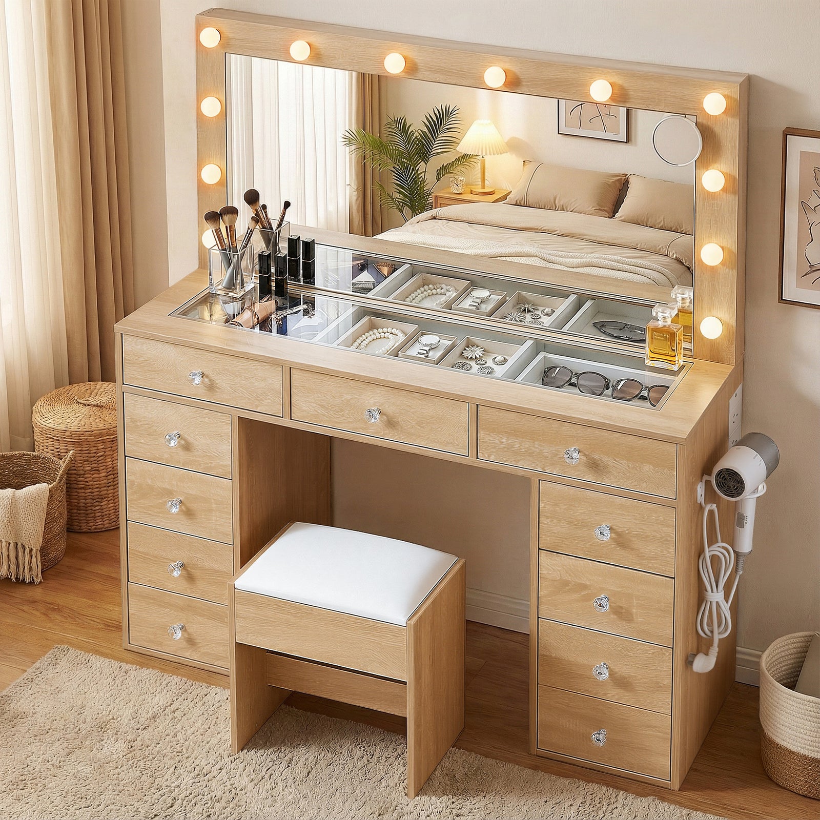 LED Vanity Table Set | Stool Included | Wood Finish