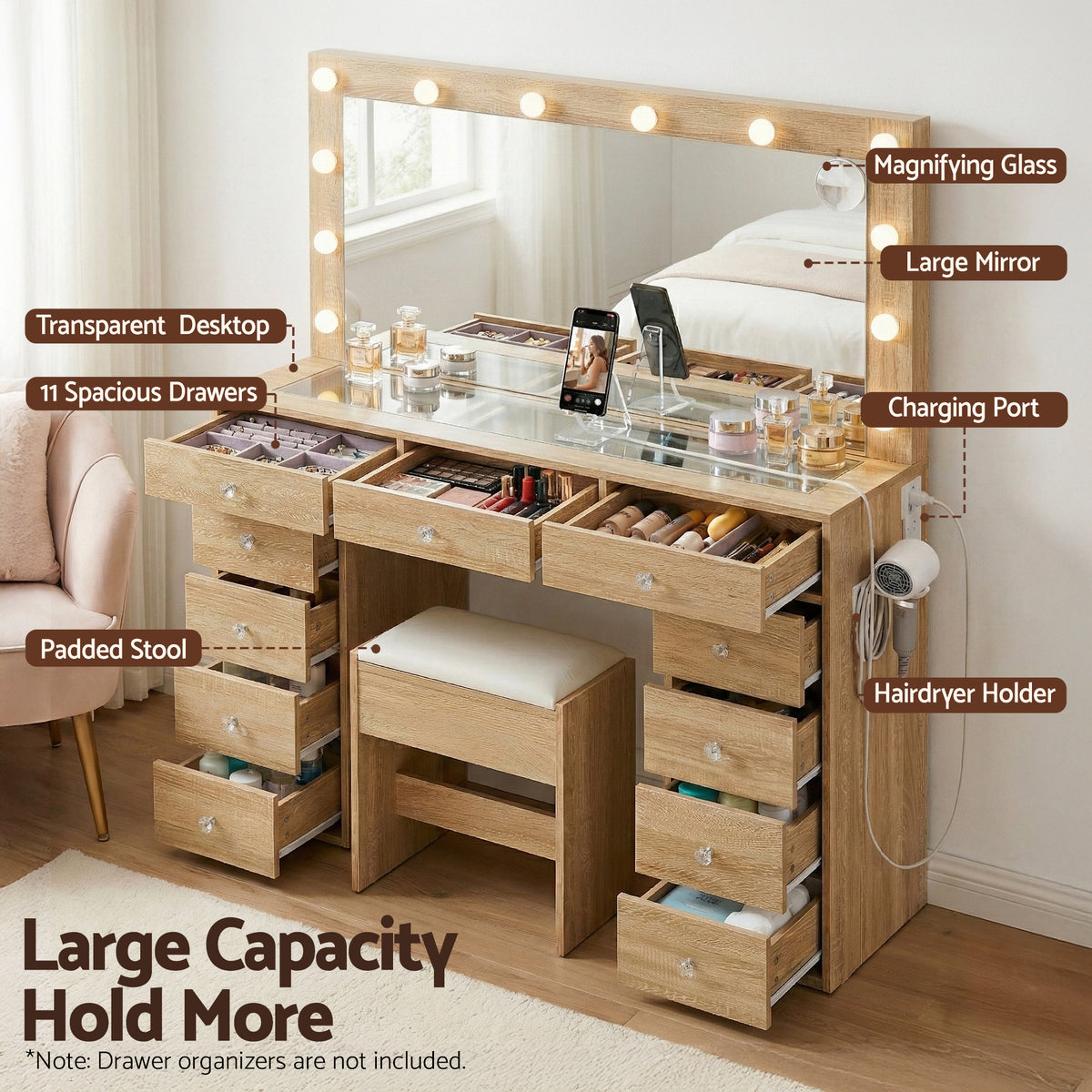 LED Vanity Table Set | Stool Included | Wood Finish