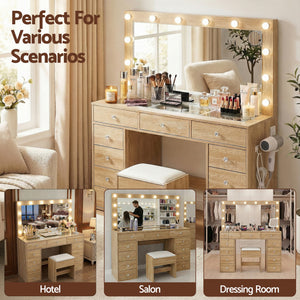 LED Vanity Table Set | Stool Included | Wood Finish