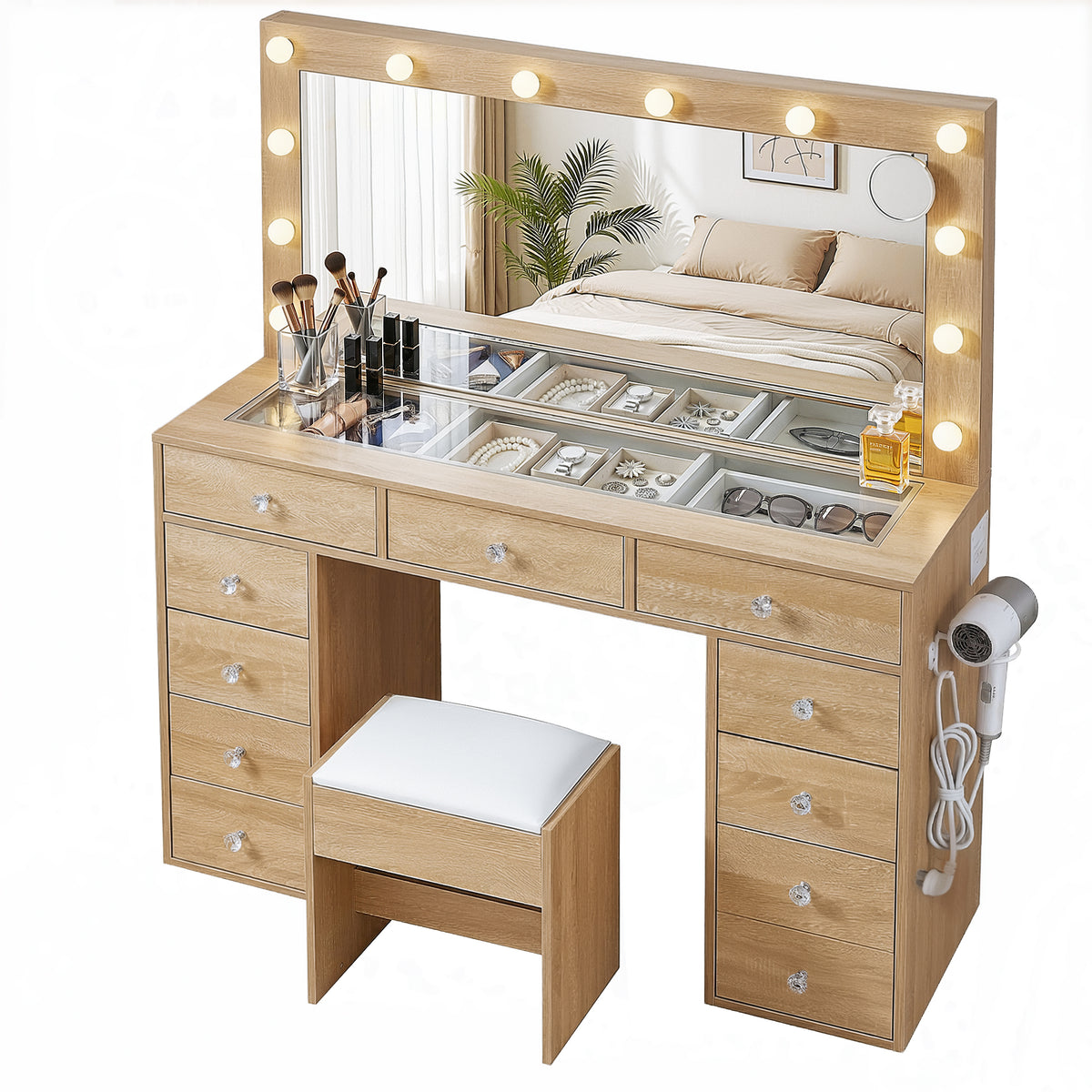 LED Vanity Table Set | Stool Included | Wood Finish