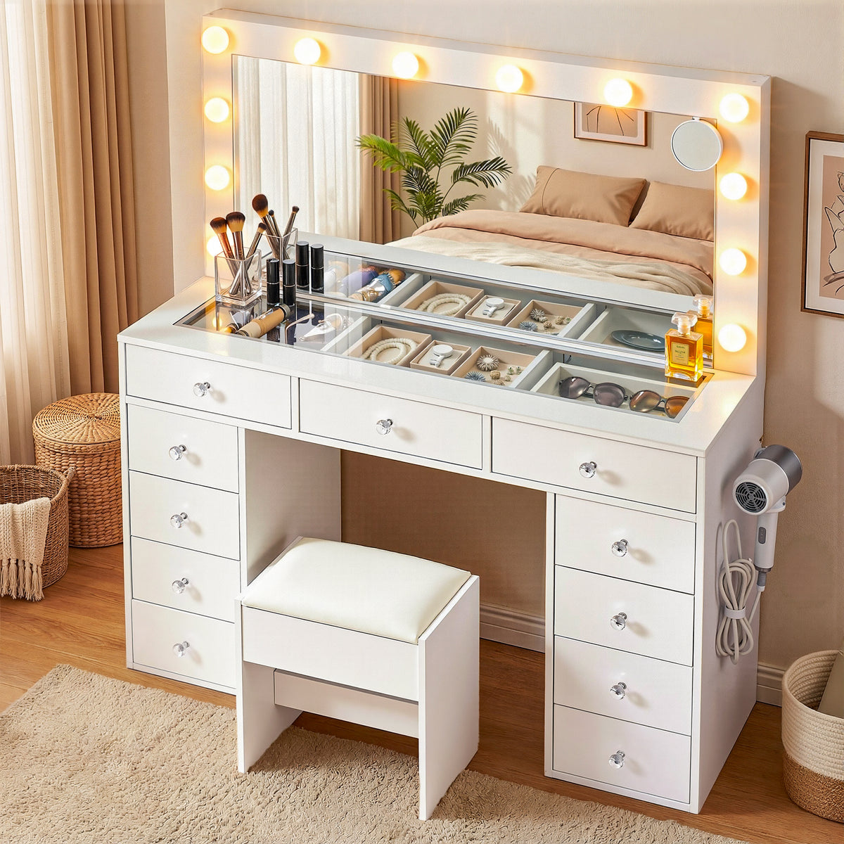 Vanity Desk Set | LED Bulbs | Stool Included | White