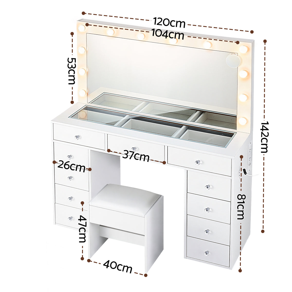 Vanity Desk Set | LED Bulbs | Stool Included | White