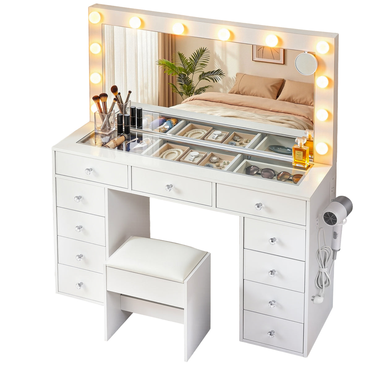 Vanity Desk Set | LED Bulbs | Stool Included | White