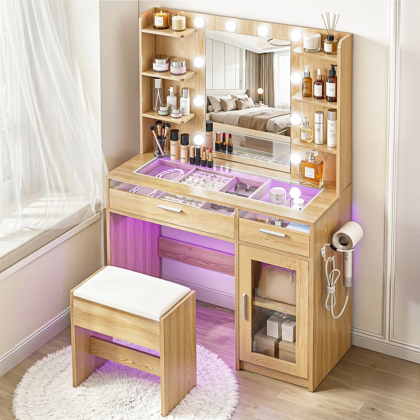 Makeup Vanity Set | 10 LED Bulbs | RGB Light | Wood Finish