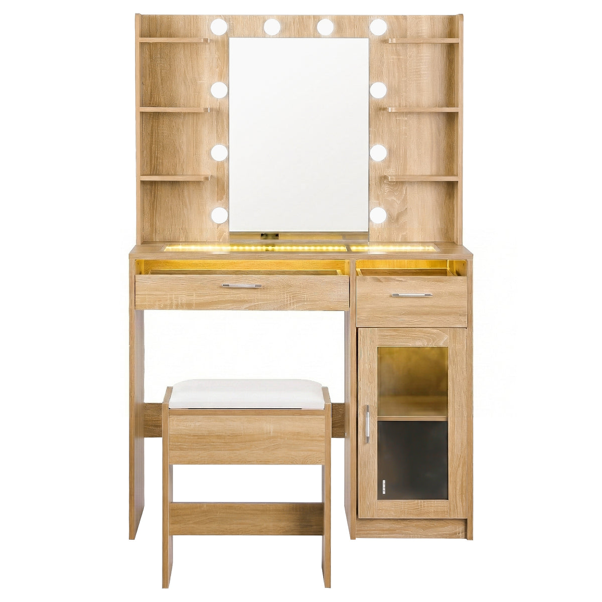 Makeup Vanity Set | 10 LED Bulbs | RGB Light | Wood Finish