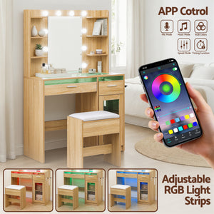 Makeup Vanity Set | 10 LED Bulbs | RGB Light | Wood Finish