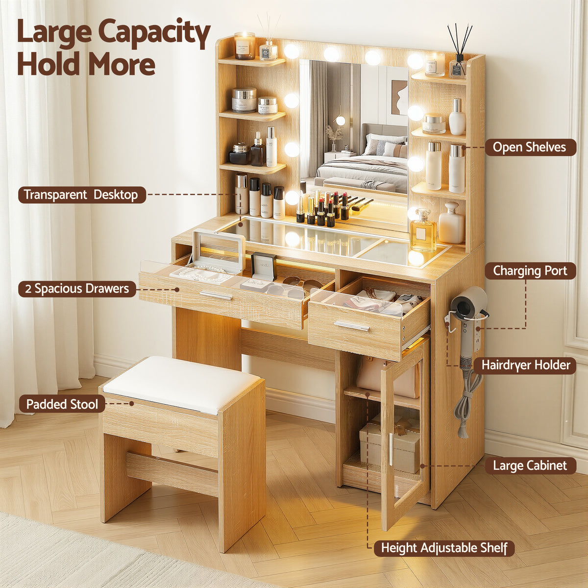 Makeup Vanity Set | 10 LED Bulbs | RGB Light | Wood Finish