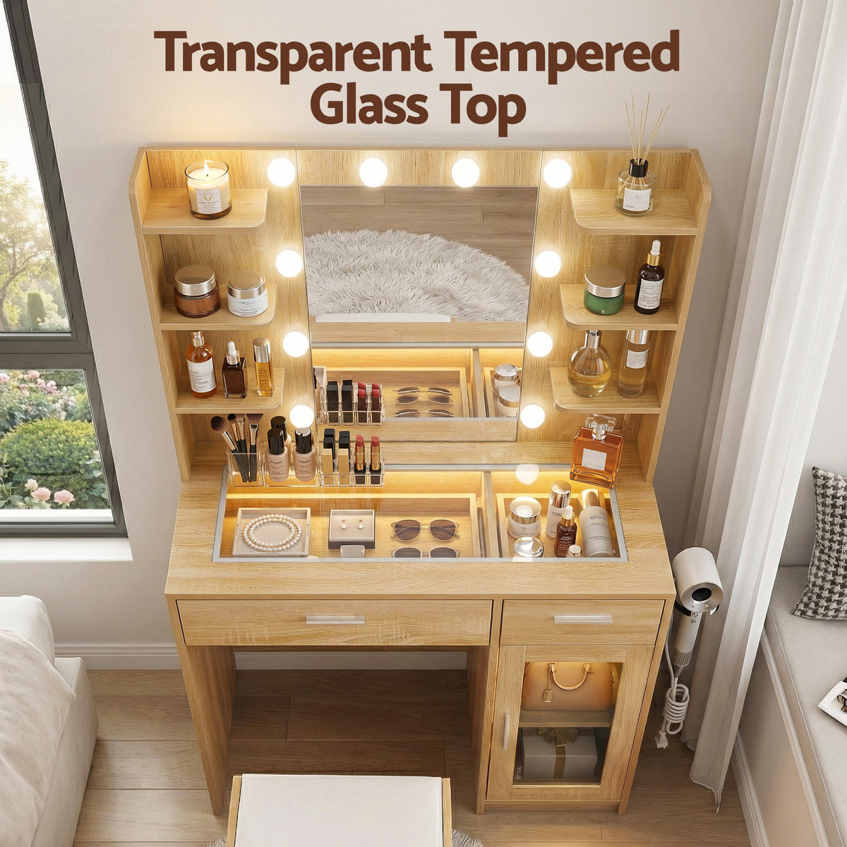 Makeup Vanity Set | 10 LED Bulbs | RGB Light | Wood Finish