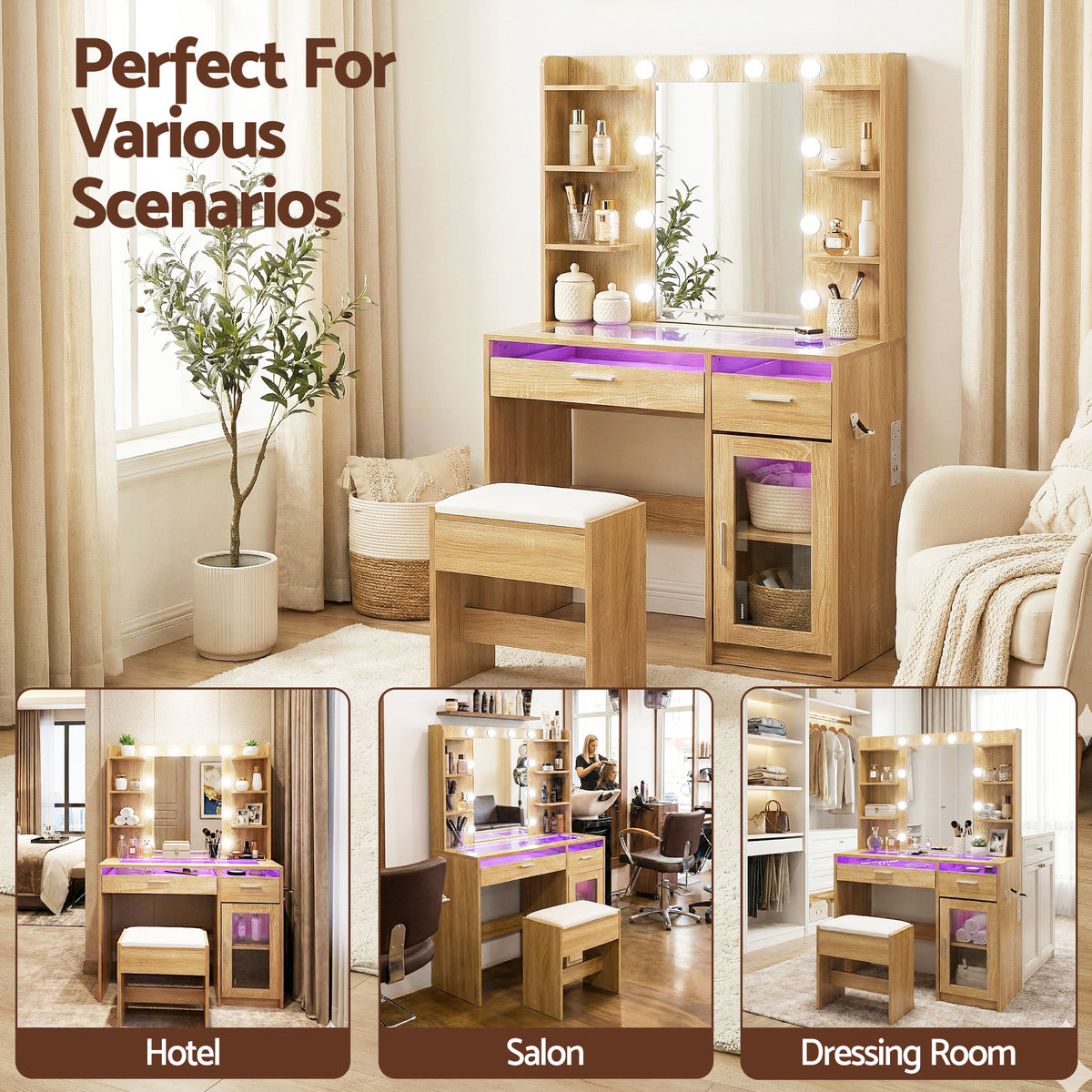Makeup Vanity Set | 10 LED Bulbs | RGB Light | Wood Finish