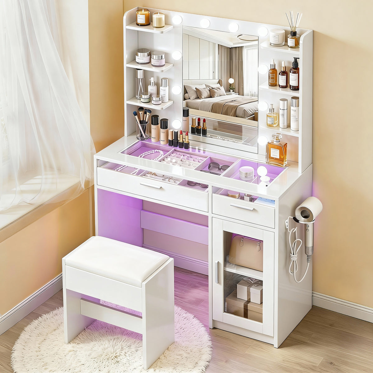 Vanity Desk Set | 10 LED Bulbs | RGB Lighting | White