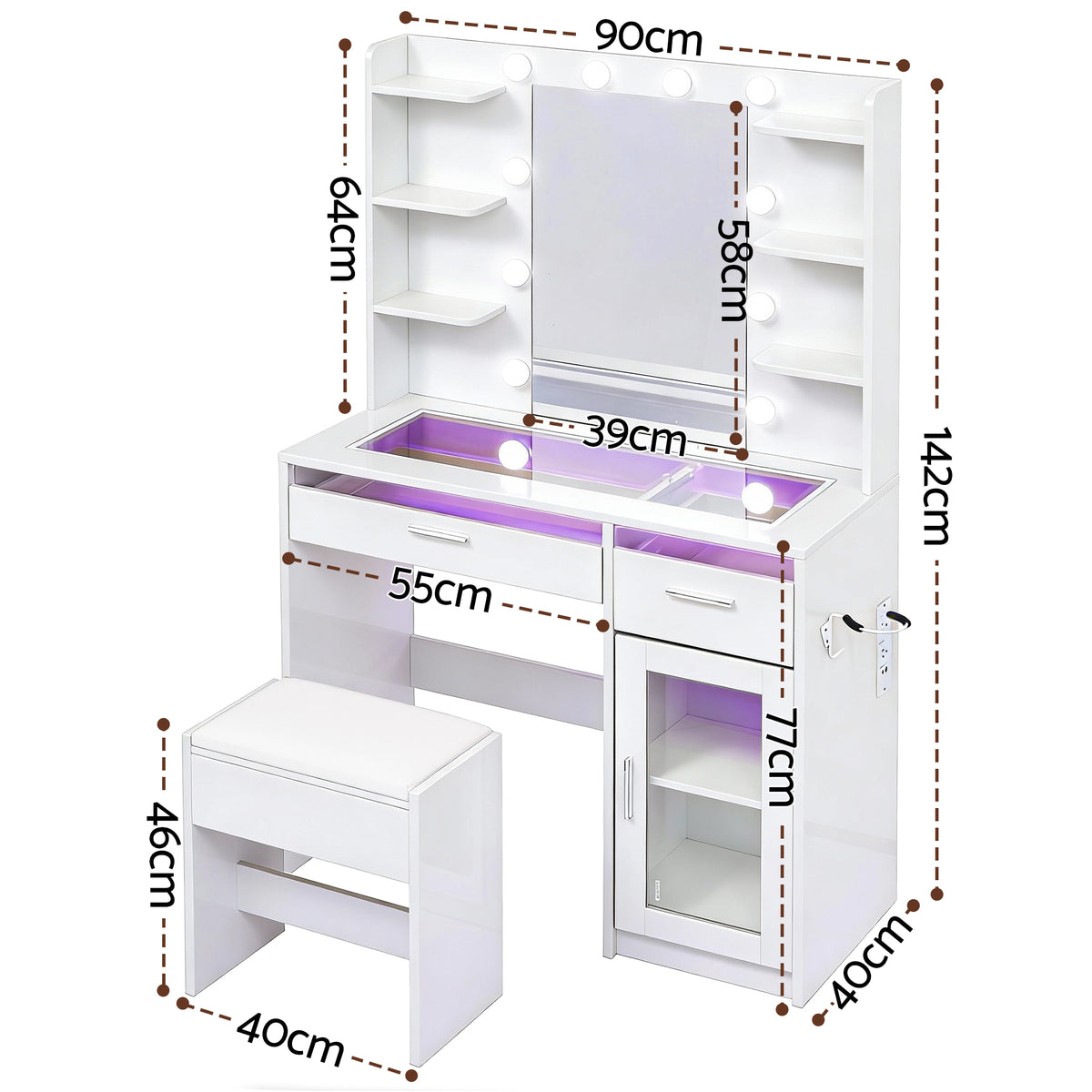 Vanity Desk Set | 10 LED Bulbs | RGB Lighting | White