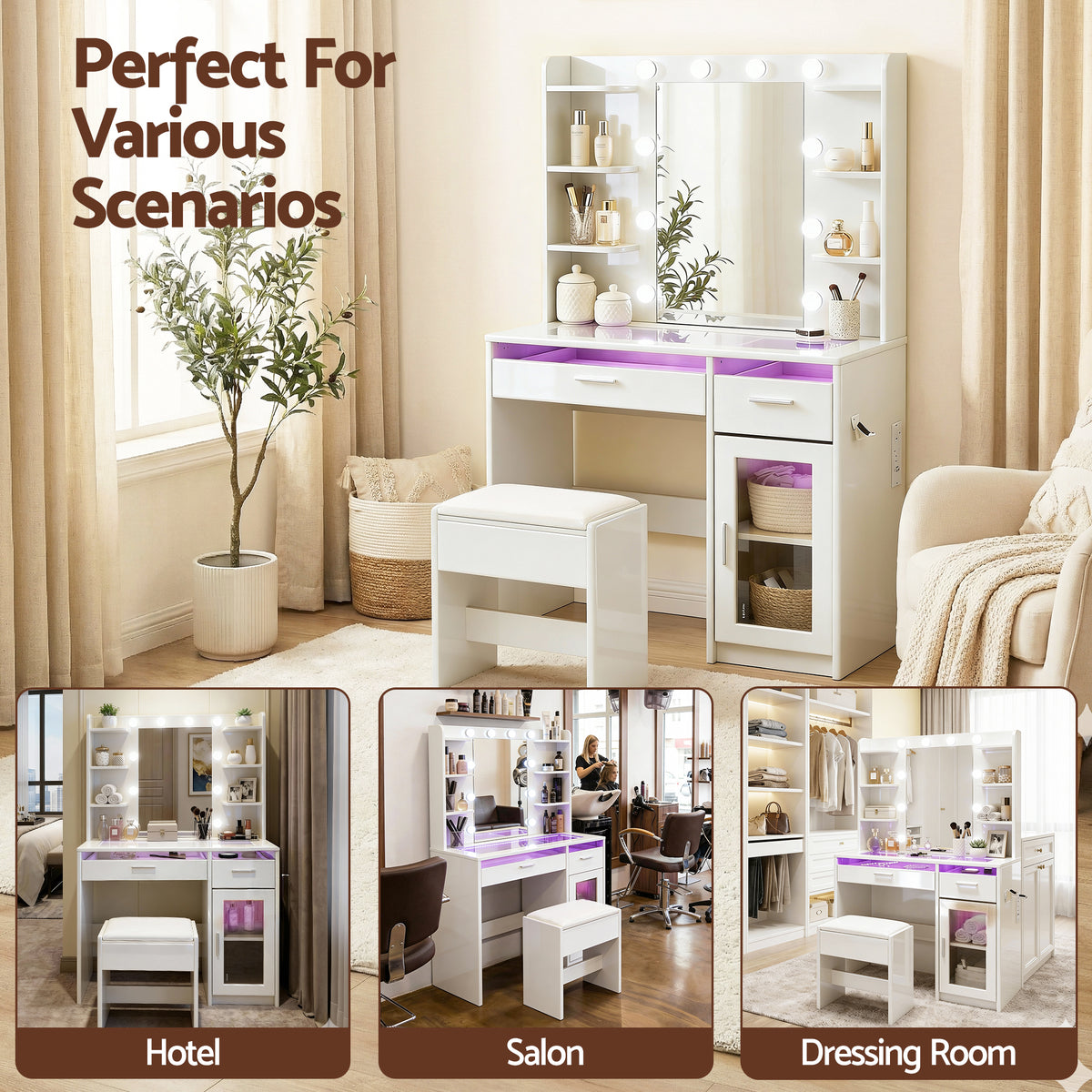 Vanity Desk Set | 10 LED Bulbs | RGB Lighting | White