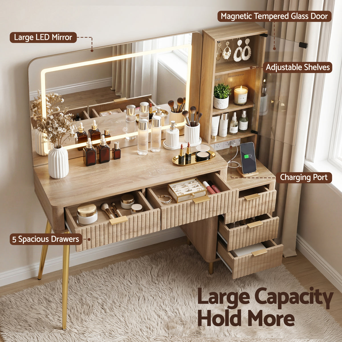 Dressing Table | LED Vanity Desk | Charging Station | Wood Finish