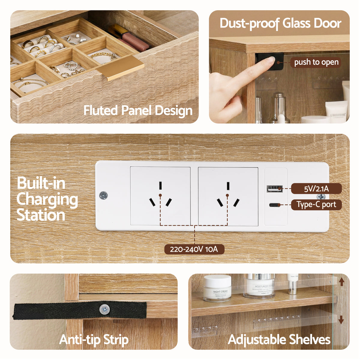 Dressing Table | LED Vanity Desk | Charging Station | Wood Finish