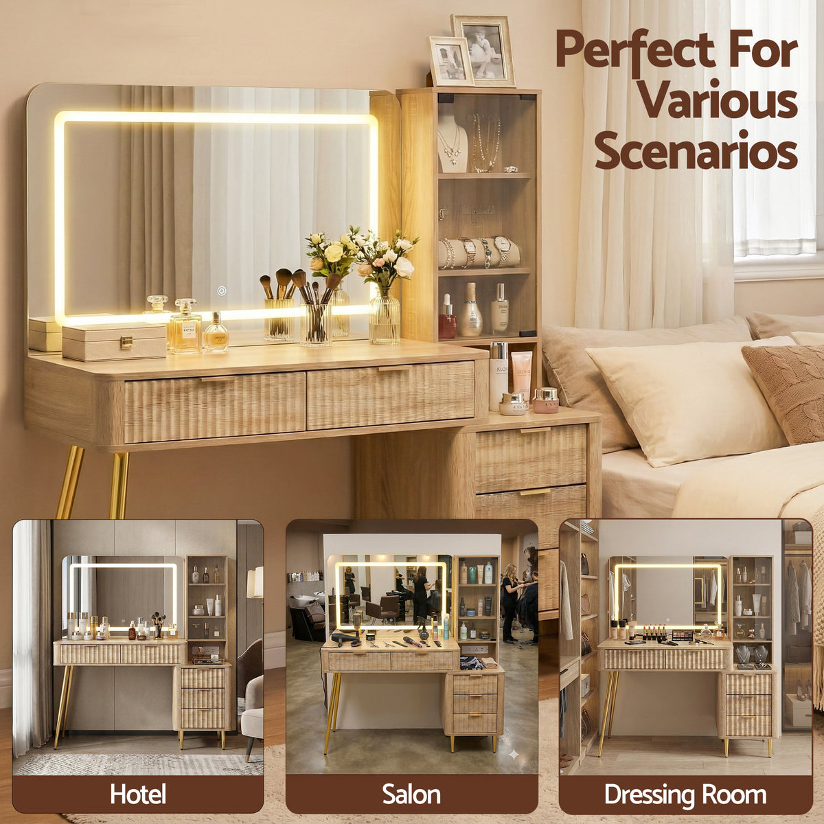 Dressing Table | LED Vanity Desk | Charging Station | Wood Finish