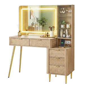 Dressing Table | LED Vanity Desk | Charging Station | Wood Finish