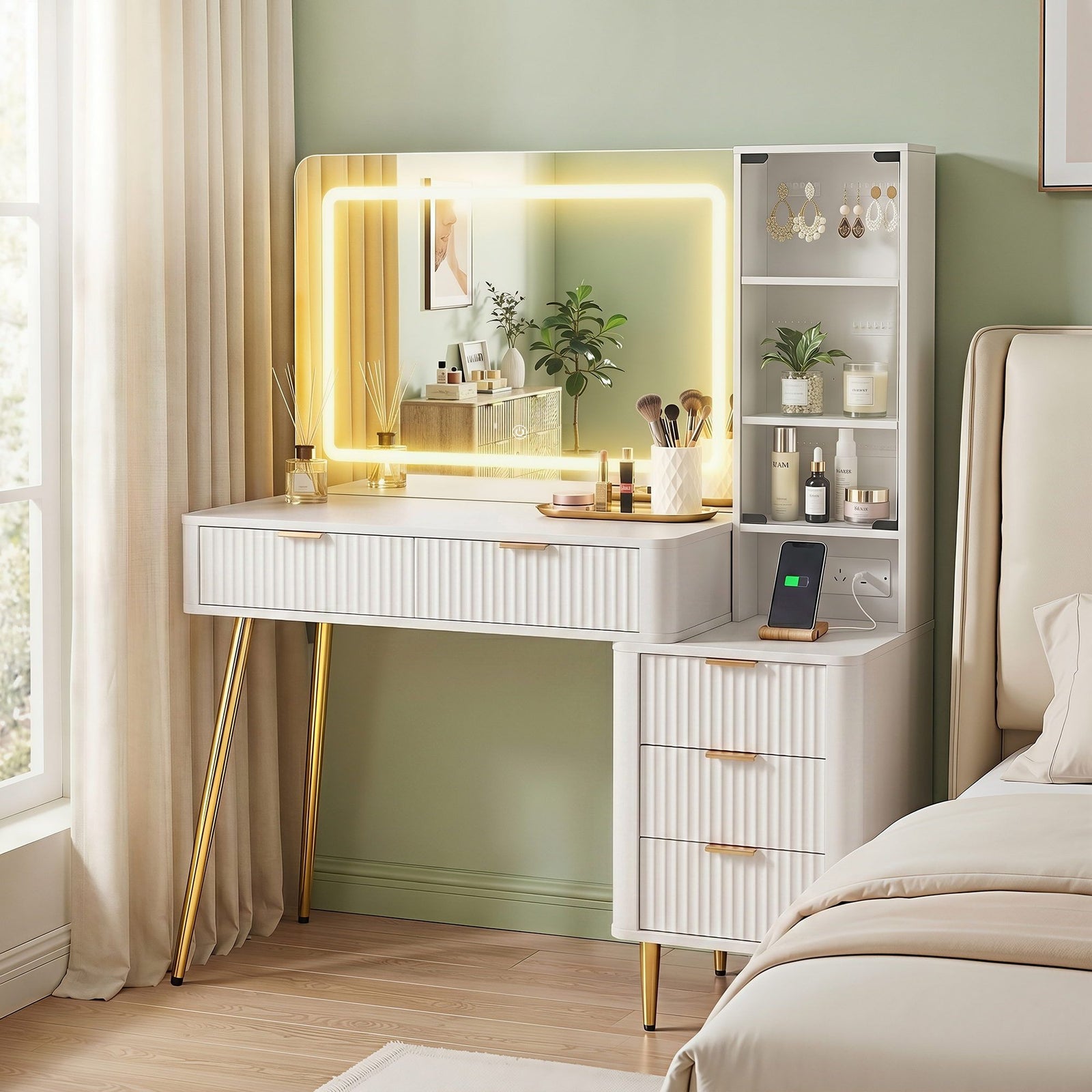 LED Dressing Table | Vanity Desk with Charging Station | White