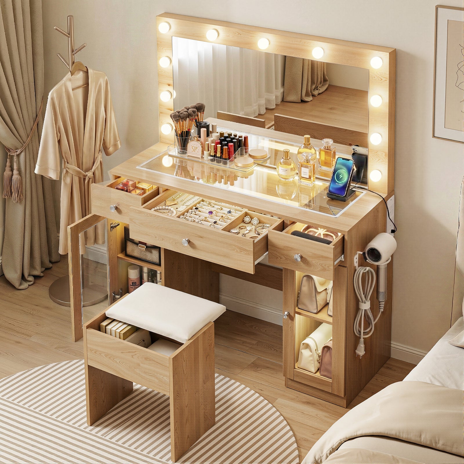 Dressing Table Set | RGB LED Bulb Vanity Desk | Wood Look