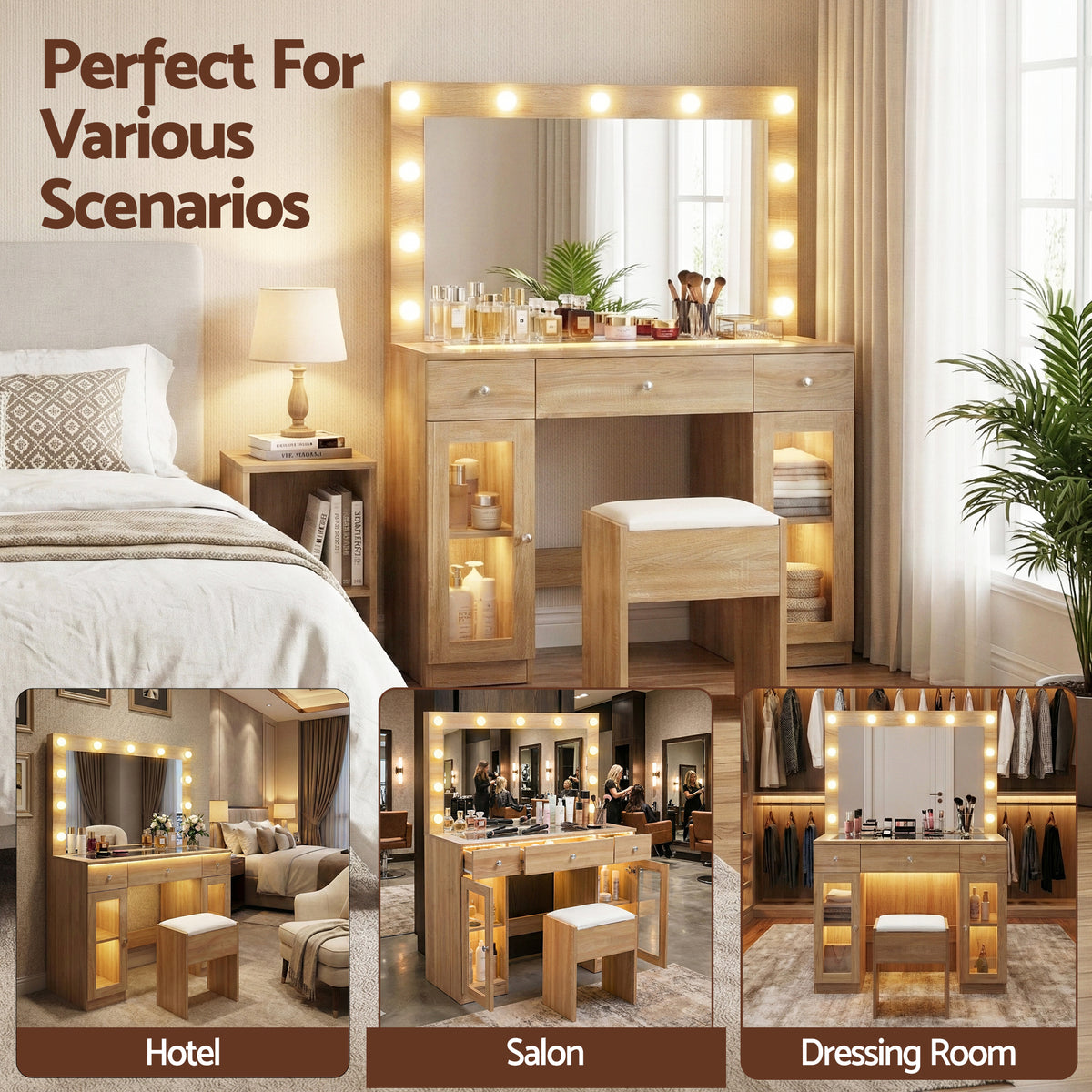 Artiss Dressing Table Vanity Desk Set LED Bulbs RGB Light Wood