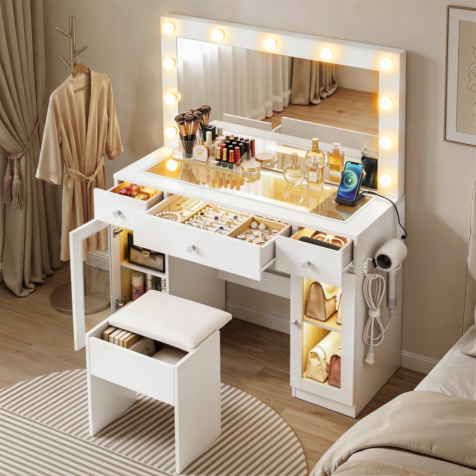 Dressing Table Set | RGB LED Bulb Vanity Desk | White