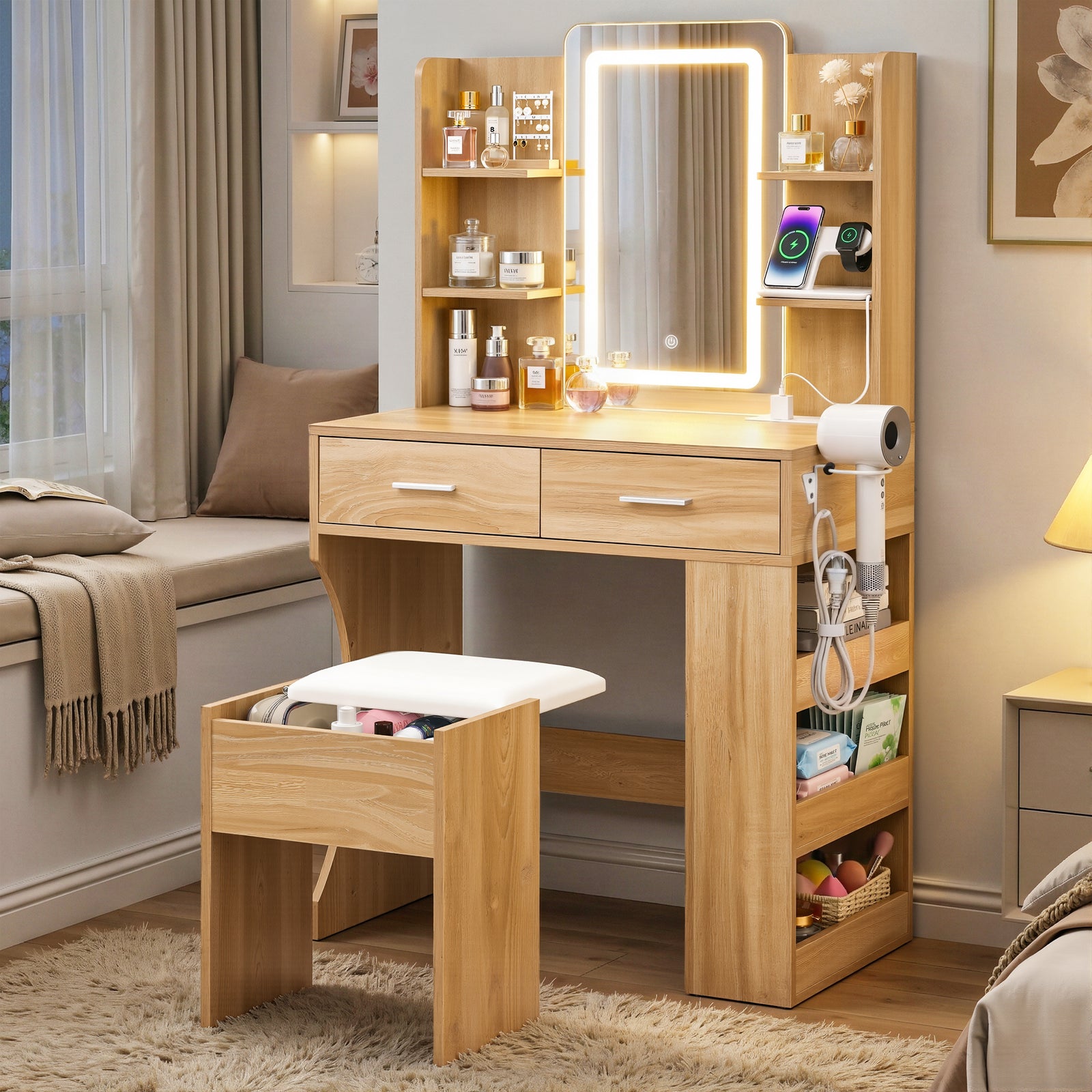 LED Dressing Table Set | Vanity Desk & Stool | Wood Look
