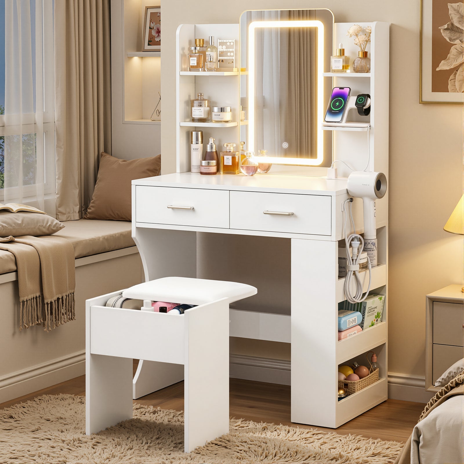 LED Dressing Table Set | Vanity Desk & Stool | White
