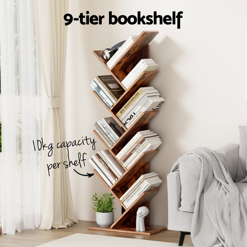 Tree Bookshelf | 9-Tier Freestanding Bookcase | Walnut Finish
