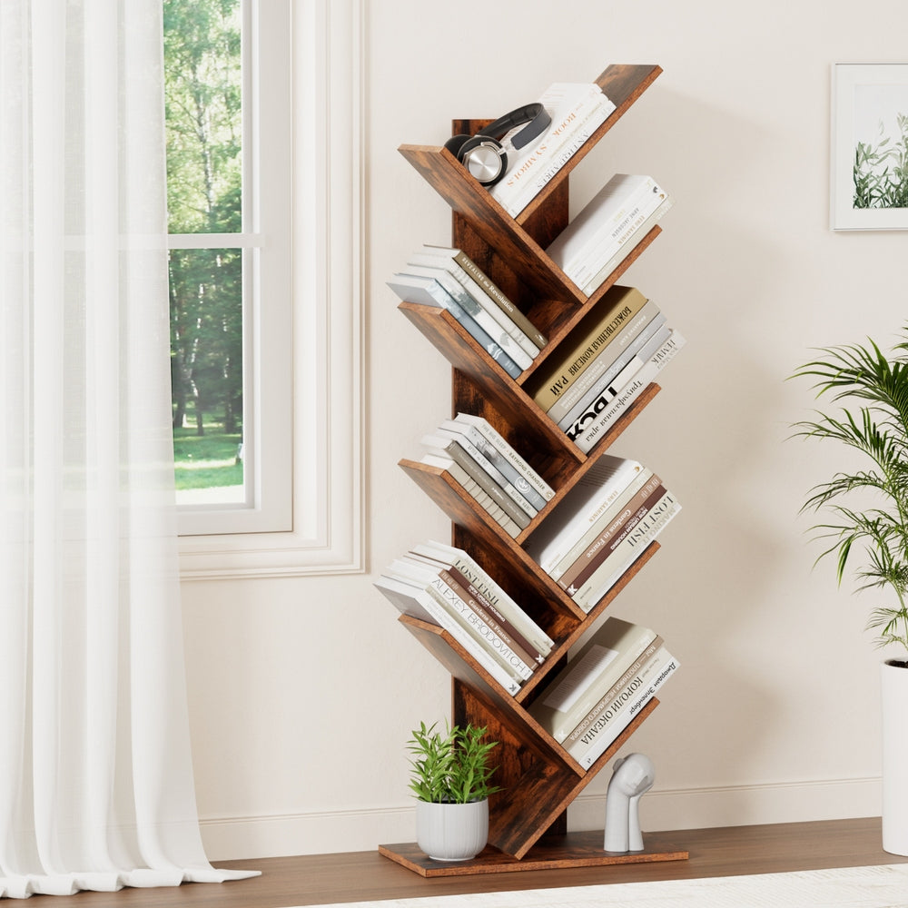 Tree Bookshelf | 9-Tier Freestanding Bookcase | Walnut Finish