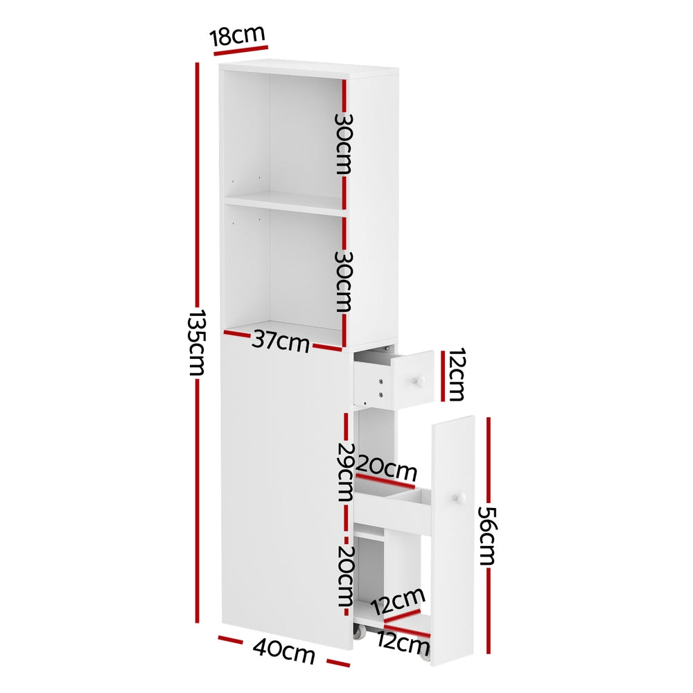 Bathroom Cabinet | Slim Storage Organiser | Drawers | Toilet Corner | 135cm | White