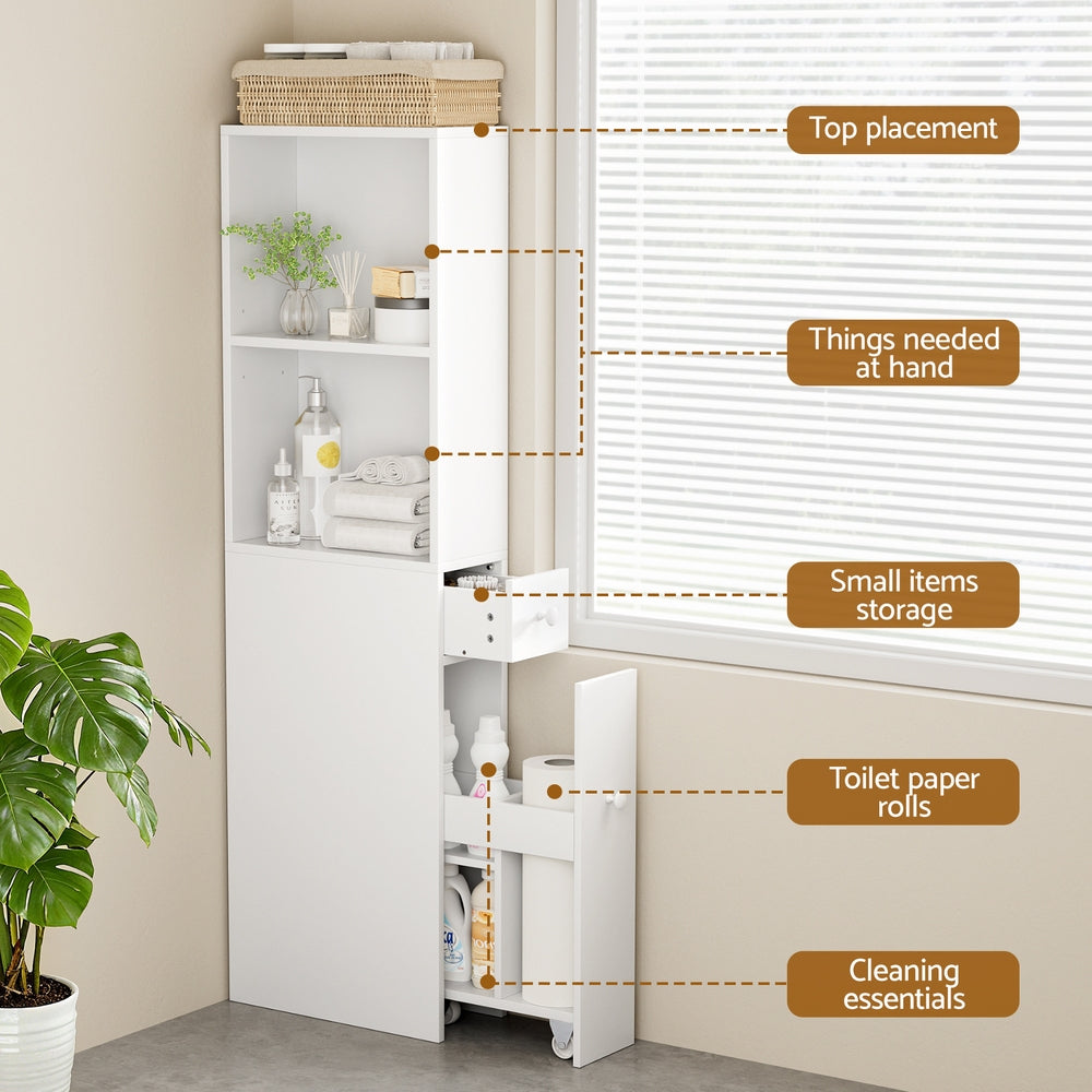 Bathroom Cabinet | Slim Storage Organiser | Drawers | Toilet Corner | 135cm | White