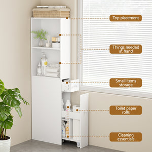Bathroom Cabinet | Slim Storage Organiser | Drawers | Toilet Corner | 135cm | White