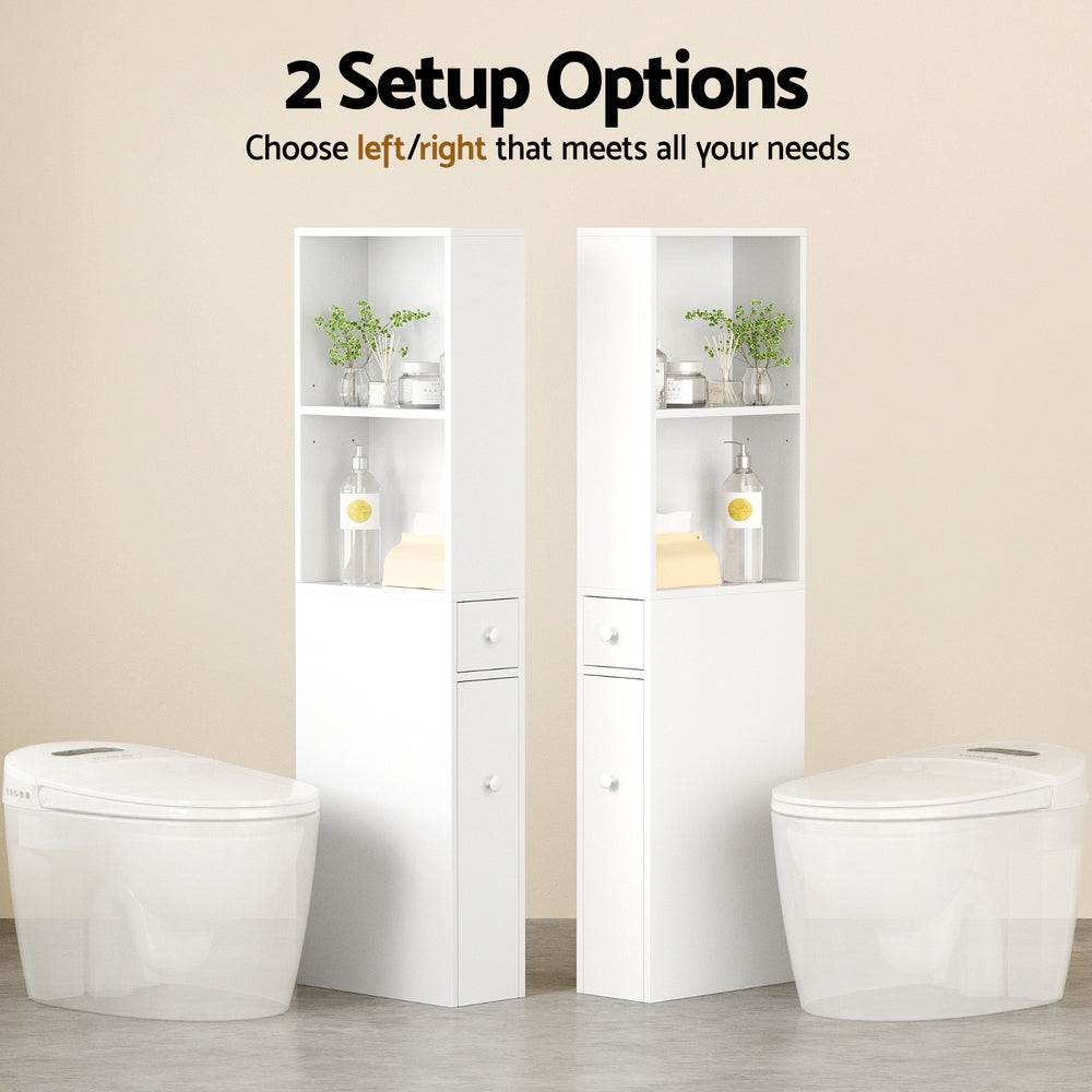 Bathroom Cabinet | Slim Storage Organiser | Drawers | Toilet Corner | 135cm | White