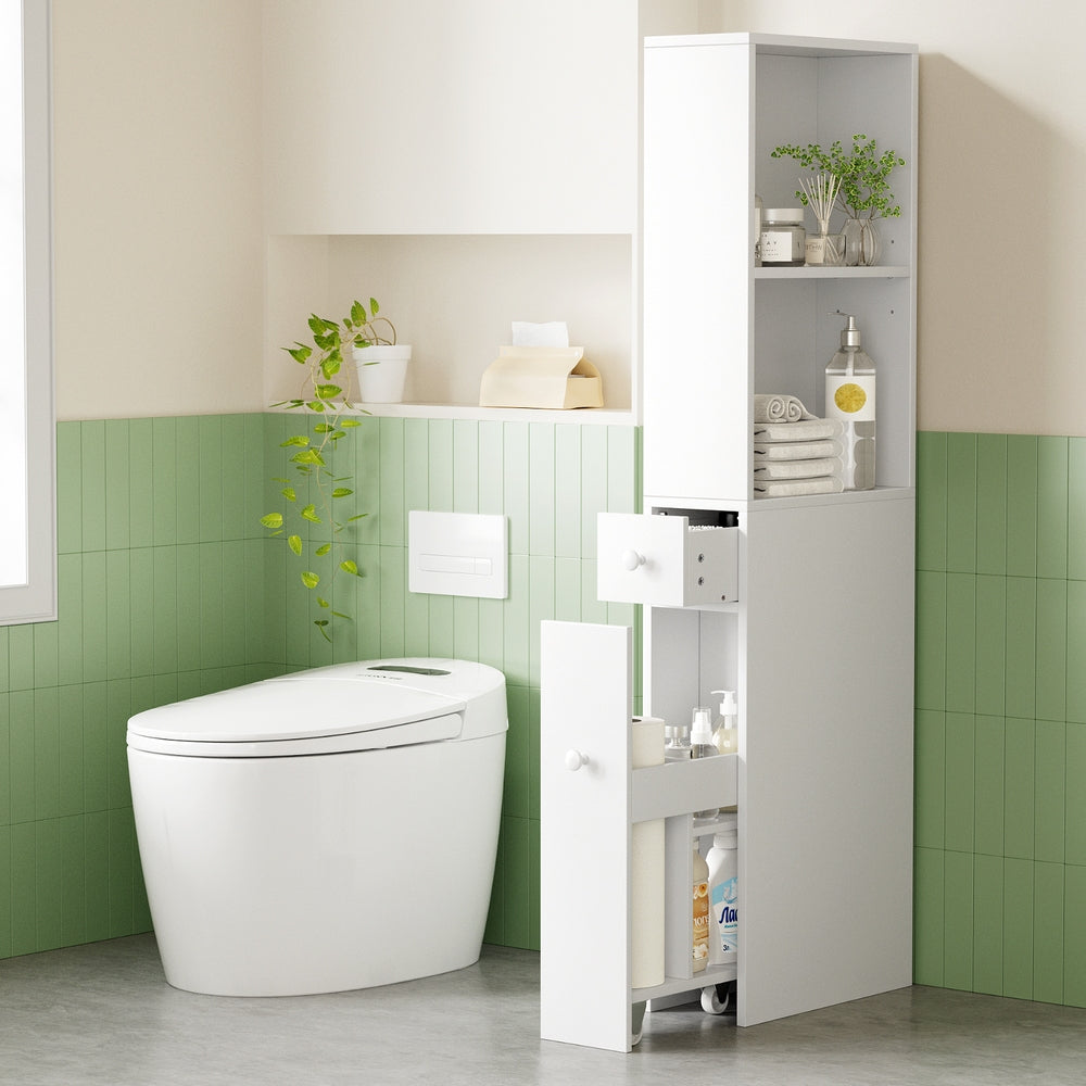Bathroom Cabinet | Slim Storage Organiser | Drawers | Toilet Corner | 135cm | White