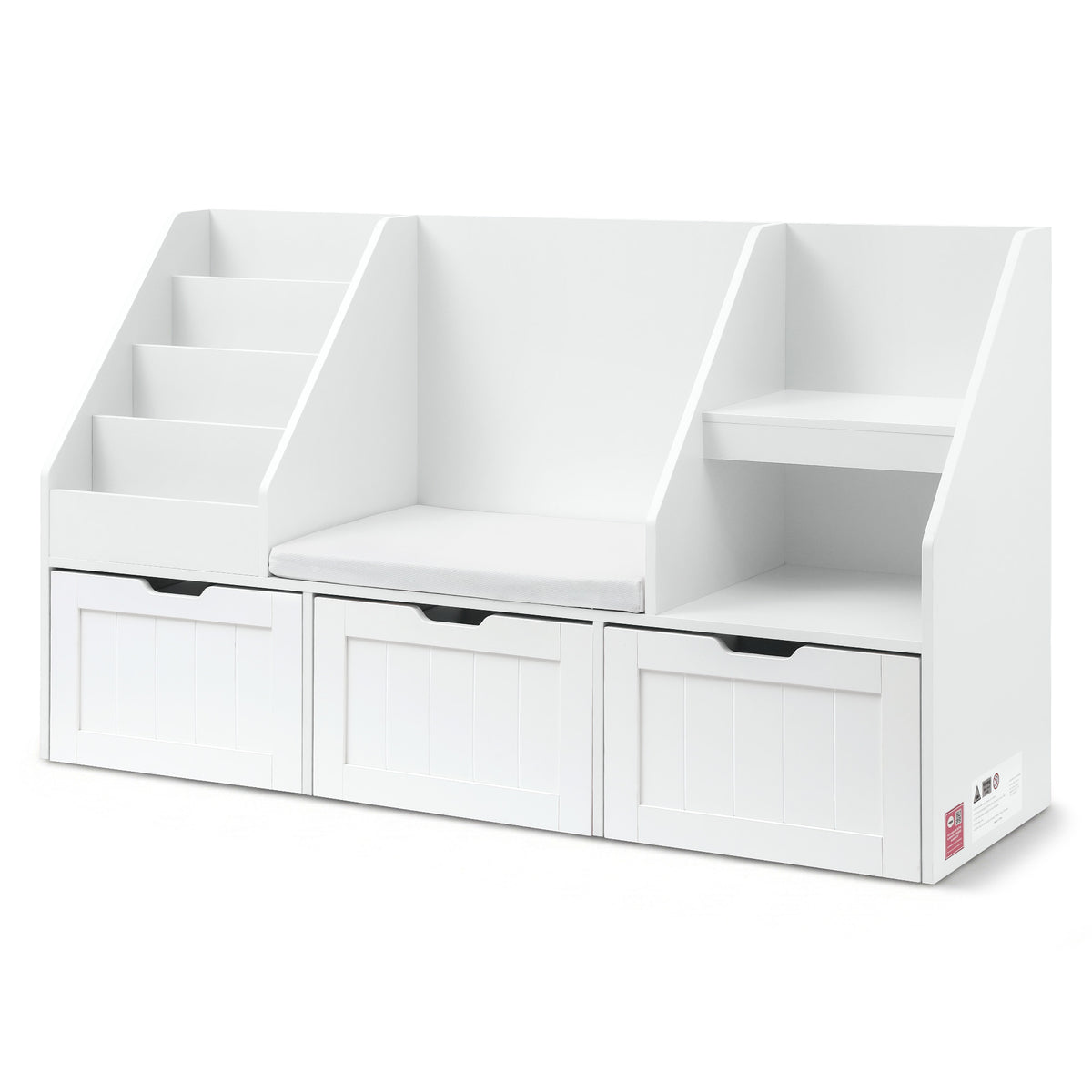 Kids Storage Bench | Bookshelf + Toy Box | Drawer + Seat Cabinet | White