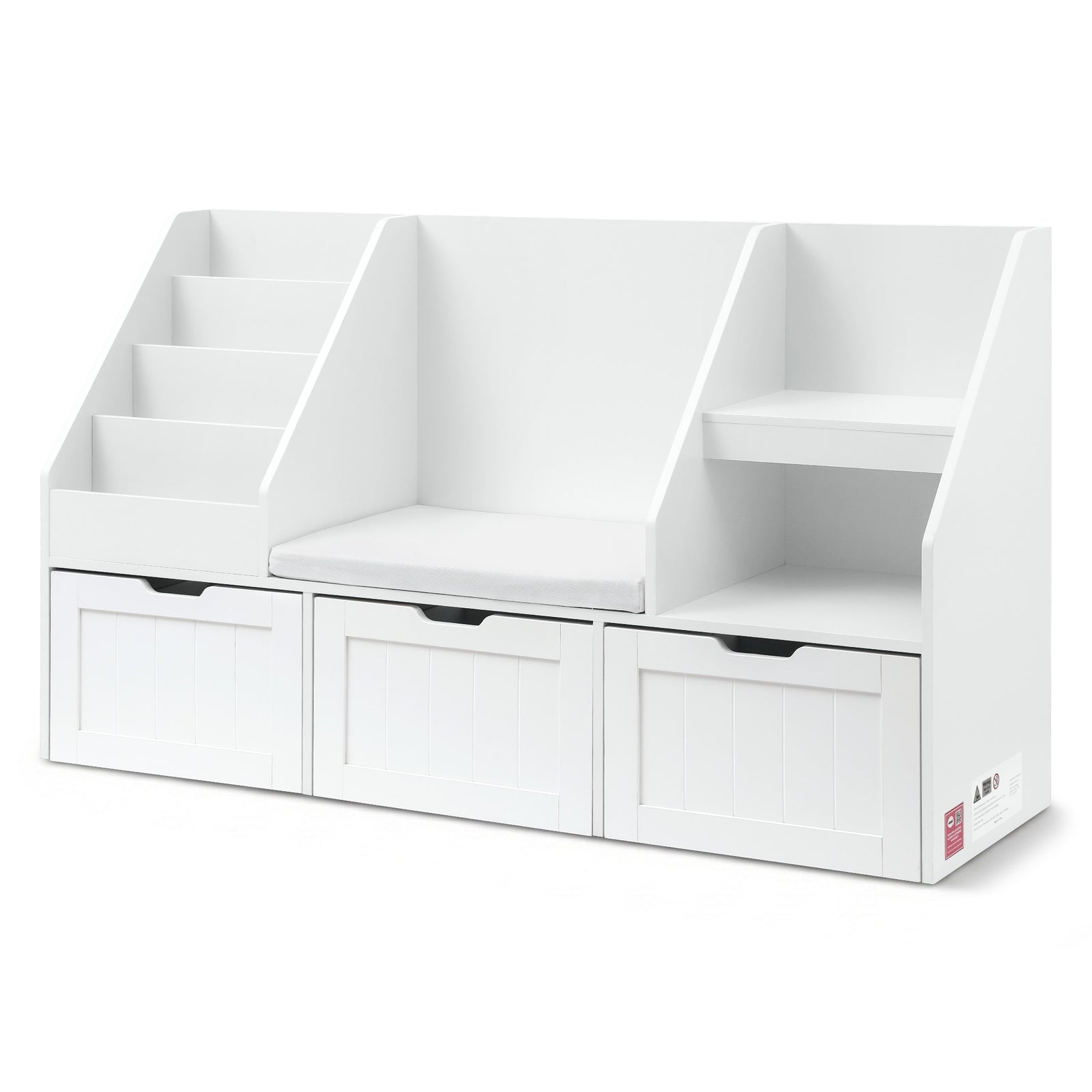 Kids Storage Bench | Bookshelf + Toy Box | Drawer + Seat Cabinet | White
