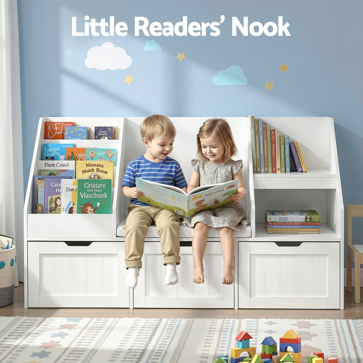 Kids Storage Bench | Bookshelf + Toy Box | Drawer + Seat Cabinet | White