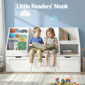 Kids Storage Bench | Bookshelf + Toy Box | Drawer + Seat Cabinet | White