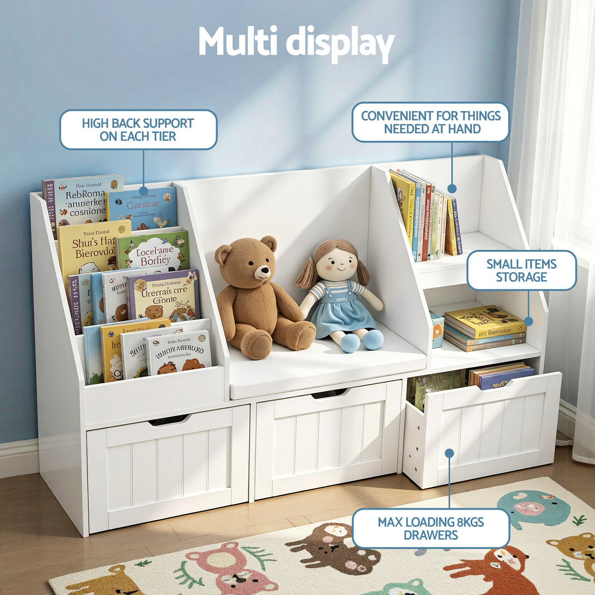 Kids Storage Bench | Bookshelf + Toy Box | Drawer + Seat Cabinet | White